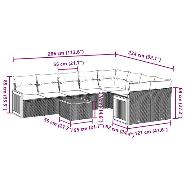 vidaXL Градински комплект диван с възглавници 10 части черен полиратан