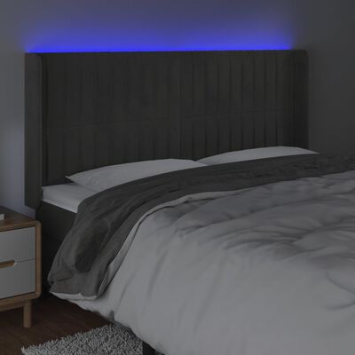 vidaXL LED горна табла за легло, тъмносива, 203x16x118/128 см, кадифе