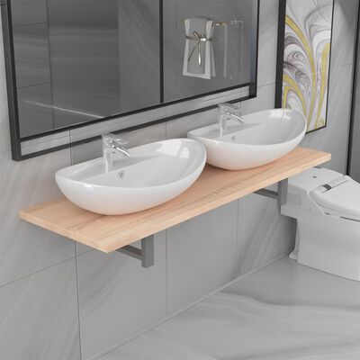 vidaXL Комплект мебели за баня от три части, керамика, дъб