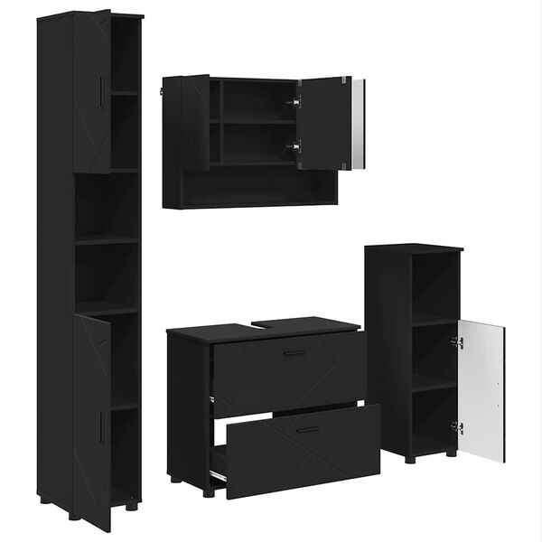 vidaXL Комплект мебели за баня 4 pcs Черно Конструирано дърво и метал.