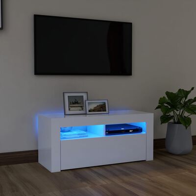 vidaXL ТВ шкаф с LED осветление, бял, 90x35x40 см