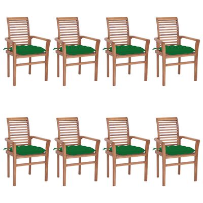 vidaXL Трапезни столове, 8 бр, със зелени възглавници, тик масив