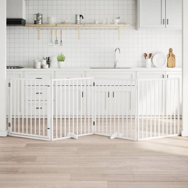 vidaXL Кучешка порта с врата, сгъваема, 4 панела, бяла, 320 см, тополово дърво