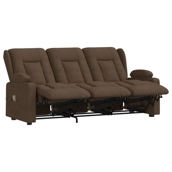 vidaXL 3-местен масажен реклайнер с държачи за чаши, кафяв, текстил