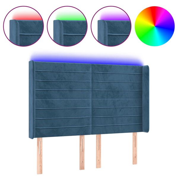 vidaXL LED горна табла за легло, тъмносиня, 147x16x118/128 см, кадифе