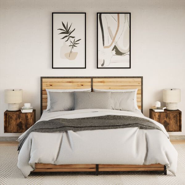 vidaXL Нощни шкафчета за стена с LED осветление, 2 бр, опушен дъб