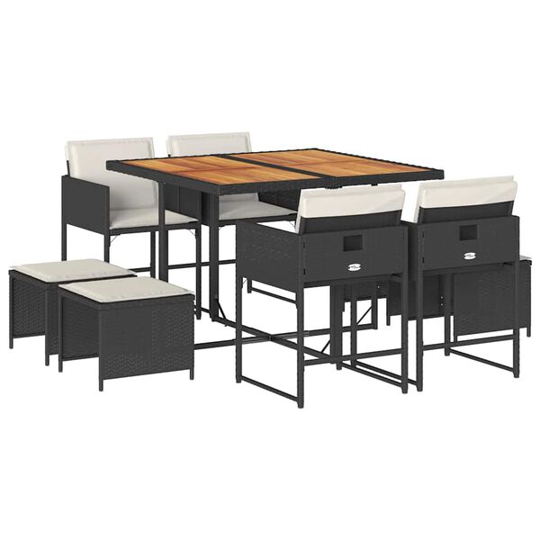 vidaXL Градински трапезен комплект възглавници 9 части черен полиратан