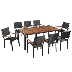 vidaXL Градински трапезен комплект, 9 части, полиратан и акация, черен