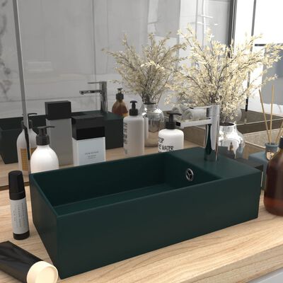 vidaXL Мивка за баня с преливник, керамична, тъмнозелена