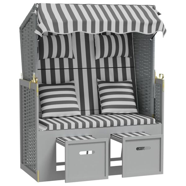 vidaXL Strandkorb с възглавници, полиратан и масивно дърво, сиво/бяло