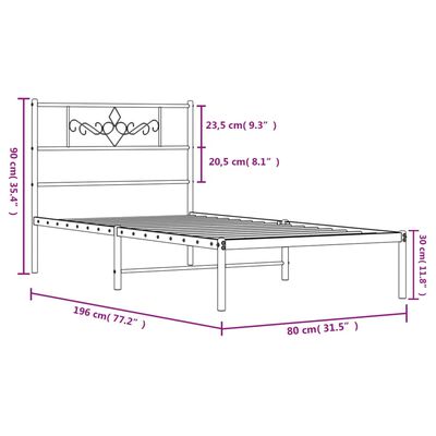 vidaXL Метална рамка за легло с горна табла, черна, 75x190 см