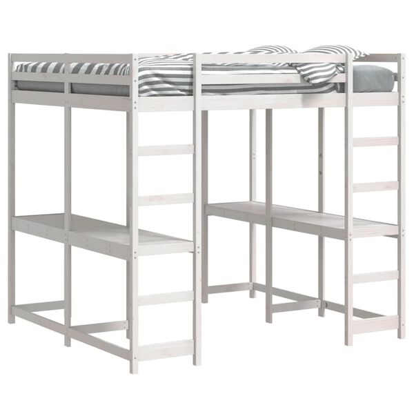 vidaXL Таванско легло с бюро и стълба бяло 180x200 см бор масив