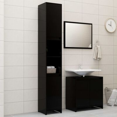 vidaXL Комплект мебели за баня от 3 части, черен гланц, ПДЧ