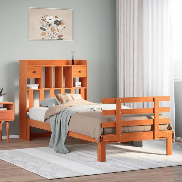 vidaXL Легло с етажерка за книги, без матрак, 100x200 см, бор масив