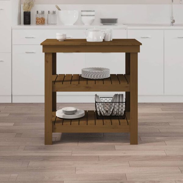 vidaXL Работна маса меденокафява 78,5x50x80 см борово дърво масив