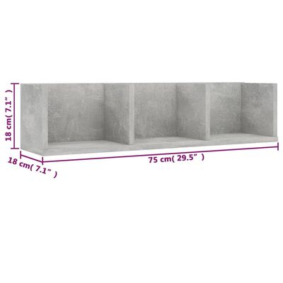 vidaXL CD стенен рафт, бетонно сив, 75x18x18 см, ПДЧ