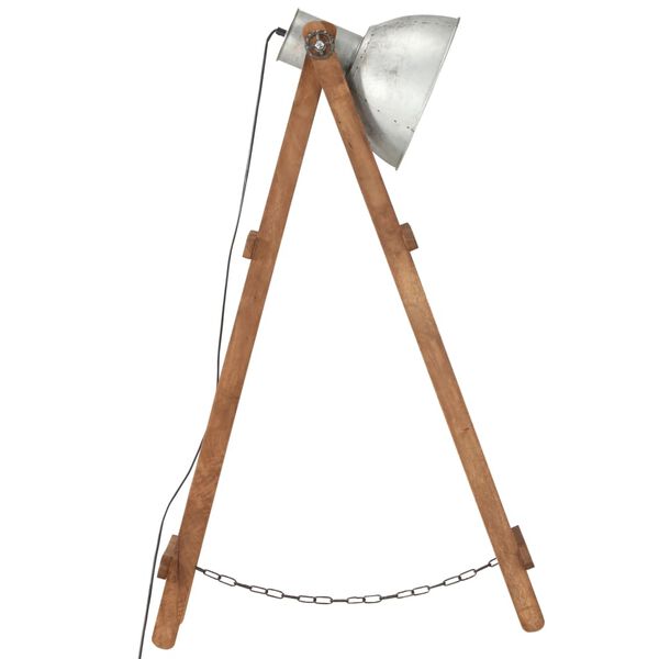 vidaXL Подова лампа, сребриста, E27, мангово дърво масив