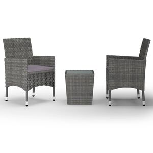 vidaXL Бистро комплект, 3 части, полиратан и закалено стъкло, сив