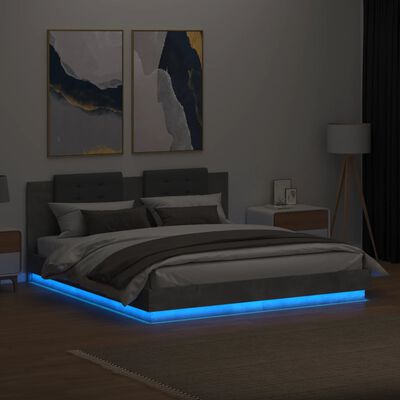 vidaXL Рамка за легло с табла и LED осветление бетонно сив 160x200 см