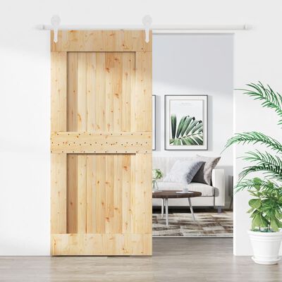vidaXL Плъзгаща врата с монтажни части, 95x210 см, борово дърво масив