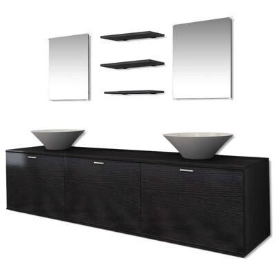 vidaXL Комплект мебели за баня, с мивки и кранове, черен, 10 части