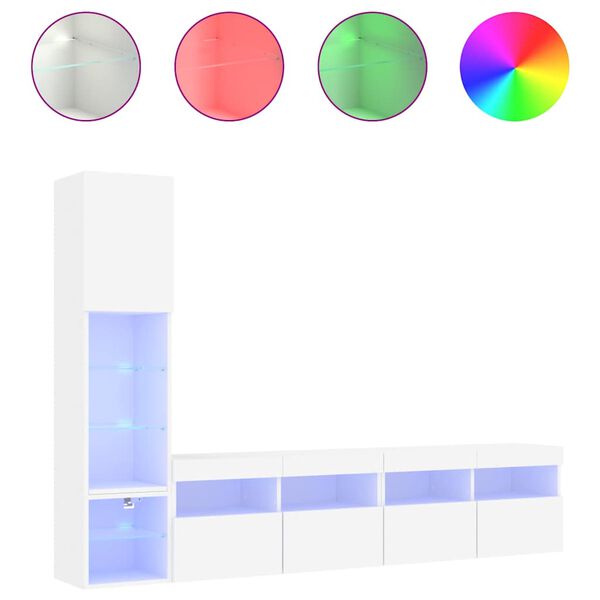 vidaXL ТВ стенни модули с LED, 4 части, бели, инженерно дърво