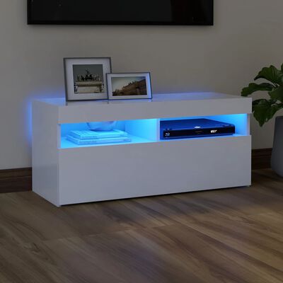 vidaXL ТВ шкаф с LED осветление, бял, 90x35x40 см
