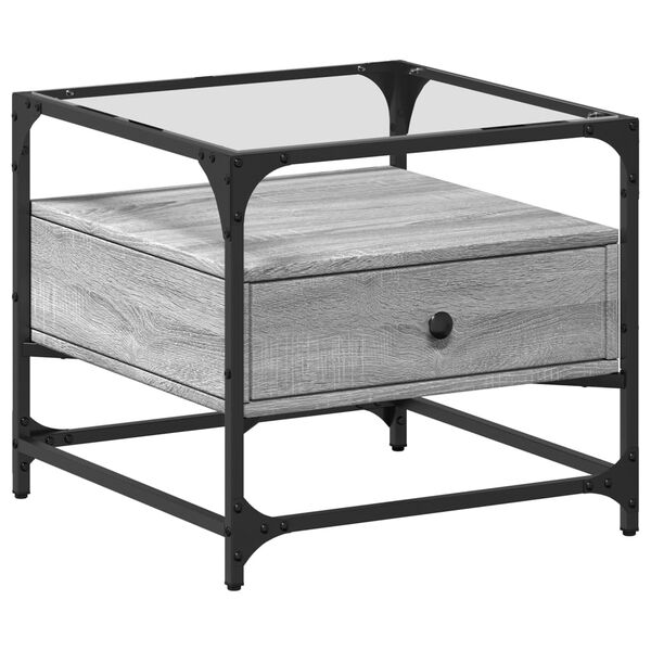 vidaXL Маса за кафе със стъклен плот, сив сонома, 50x50x45 см, стомана