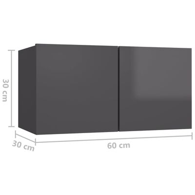 vidaXL Окачени TВ шкафове, 3 бр, сив гланц, 60x30x30 см