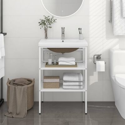vidaXL Рамка за мивка за баня с вграден умивалник, бяла, желязна