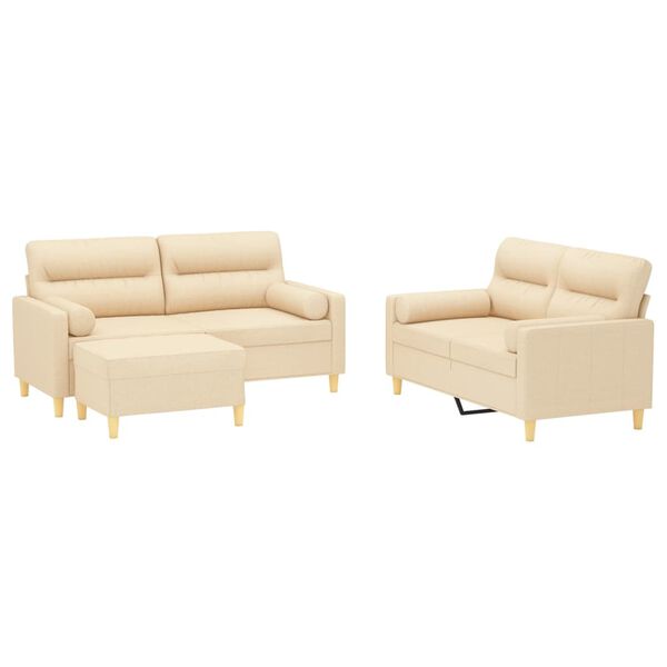 vidaXL Комплект дивани от 3 части с възглавници, кремав, текстил