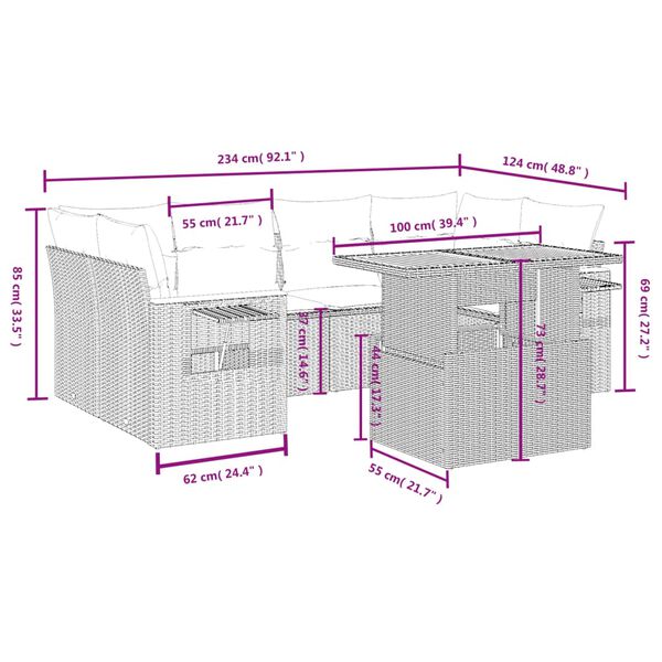 vidaXL Градински комплект диван с възглавници 7 части черен полиратан