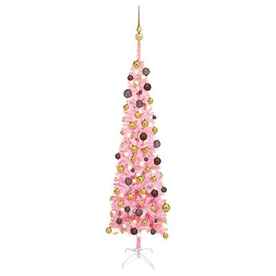vidaXL Тънка изкуствена осветена коледна елха с топки, розова, 150 см