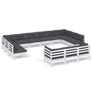vidaXL Градински лаундж комплект с възглавници, 13 части, бял, бор