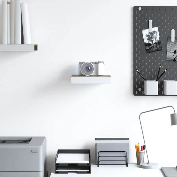 vidaXL Окачен стенен рафт, дъб и бял, 23x23,5x3,8 см, МДФ