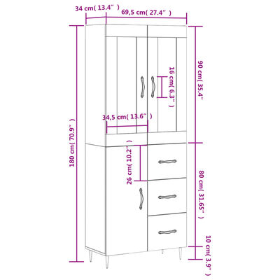 vidaXL Висок шкаф, дъб сонома, 69,5x34x180 см, инженерно дърво