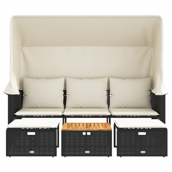 vidaXL Градински диван 3-местен със сенник и табуретки черен полиратан