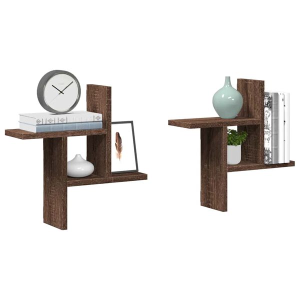 vidaXL Стенни рафтове, 2 бр, кафяв дъб, 38x12x38 см, инженерно дърво