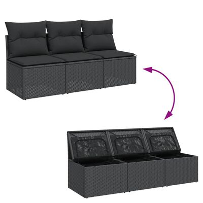vidaXL Градински диван с възглавници, 3-местен, черен, полиратан