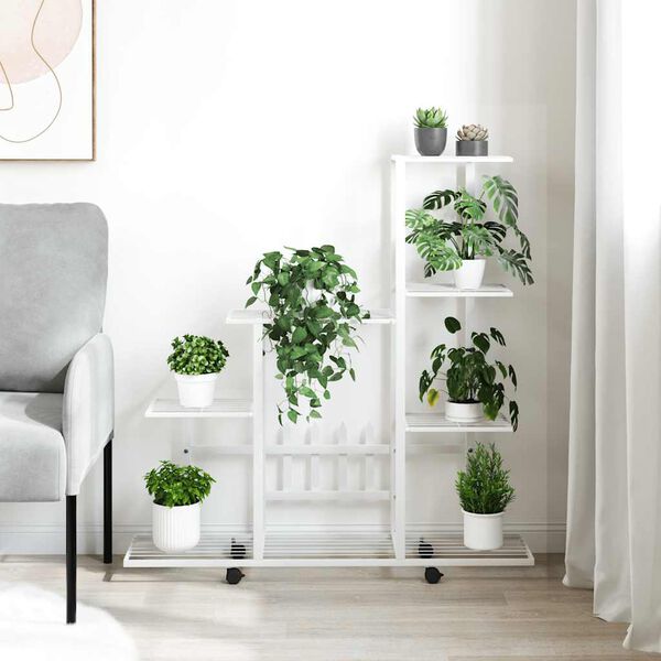 vidaXL Цветарник на колела, 94,5x25x92,5 см, бял, метал