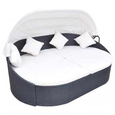 vidaXL Градинско лаундж легло със сенник, полиратан, черно