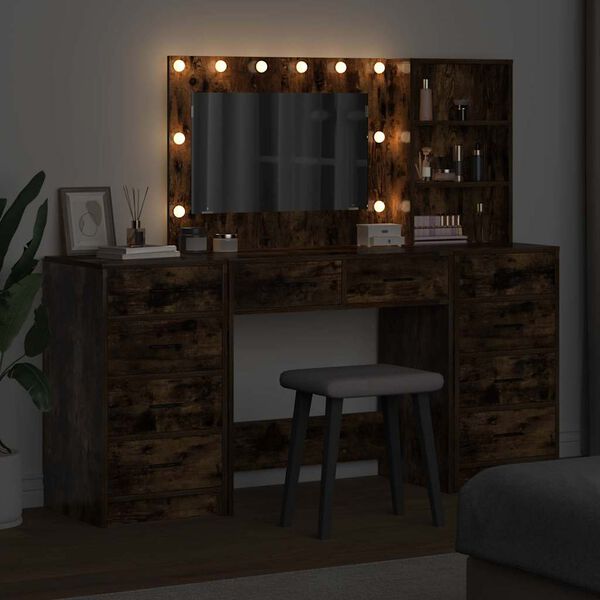 vidaXL Тоалетка с огледални светлини 3 pcs Димян дъб Инженерно дърво