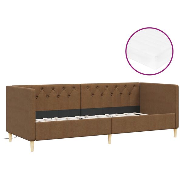 vidaXL Дневно легло с матрак, USB, кафяво, текстил, 90х200 см