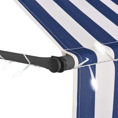 vidaXL Ръчно прибиращ се сенник с LED, 350 см, синьо и бяло