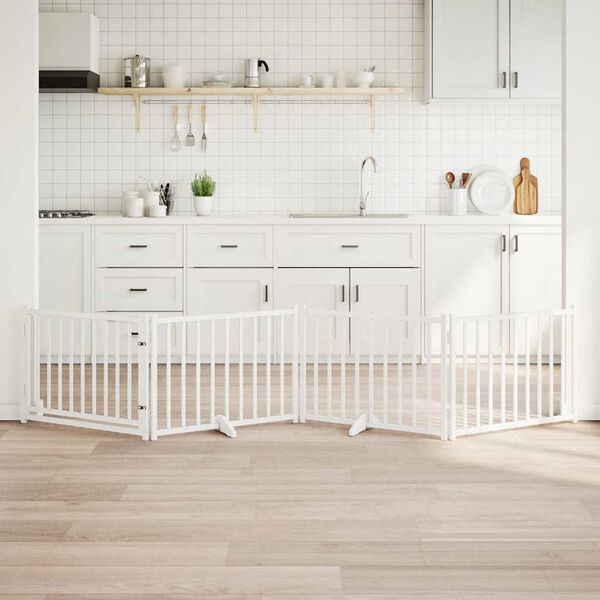 vidaXL Сгъваема преграда за кучета с врата 4 панела 320 см Масивна ела