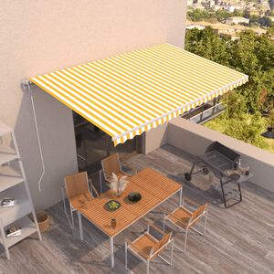 vidaXL Автоматично прибиращ се сенник, 500x350 см, жълто и бяло