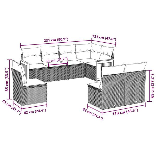 vidaXL Градински комплект диван с възглавници 8 части черен полиратан