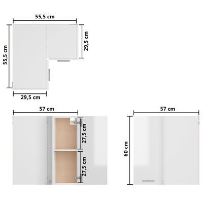 vidaXL Висящ ъглов шкаф, бял гланц, 57x57x60 см, ПДЧ