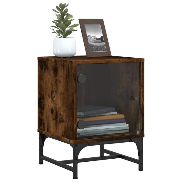 vidaXL Нощно шкафче със стъклена врата опушен дъб 35x37x50 см