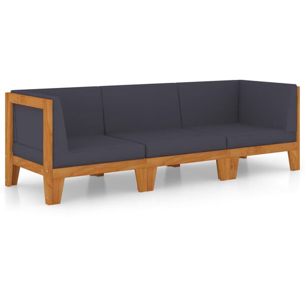 vidaXL Градински лаундж комплект с възглавници, 3 части, акация масив